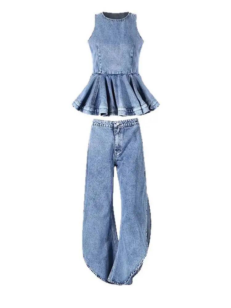 Women'S Fashion Overalls - Ruffles Tank Top Biru Celana Kaki