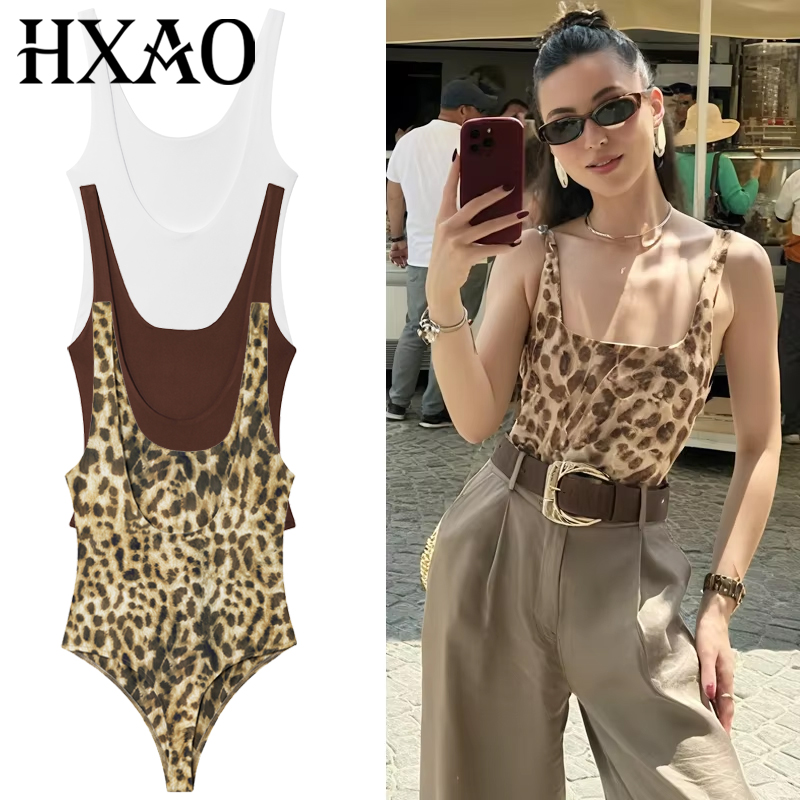 Corset Top Boned - HXAO Bodysuit Slip Macan Tutul Wanita