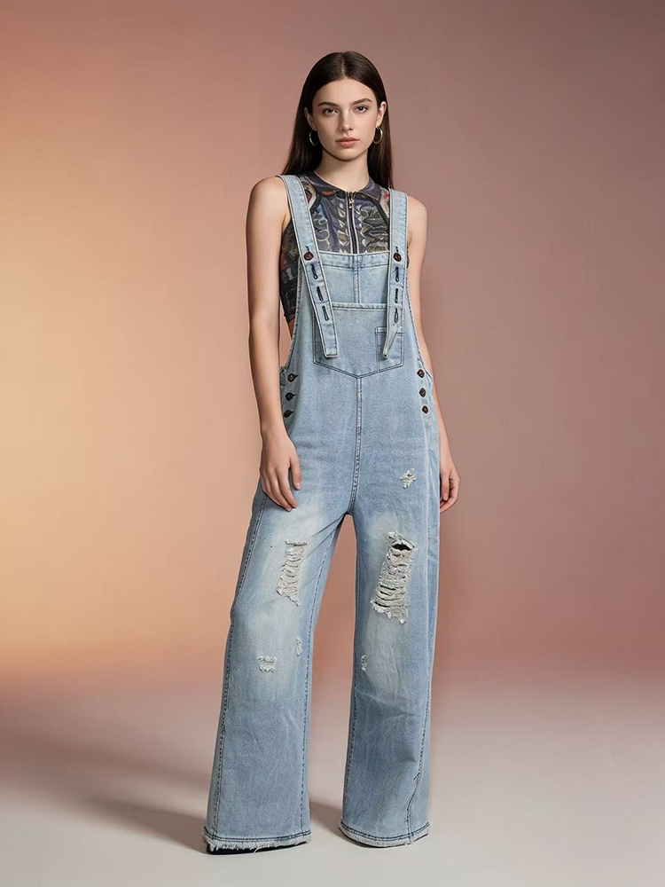 Women'S Fashion Overalls - Overall Denim Retro Robek Berlubang Wanita