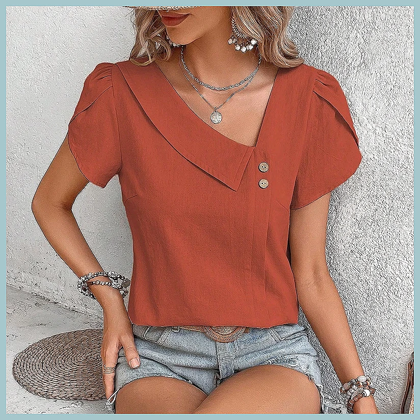 Women'S Fashion Tops - Blus Warna Solid Vintage Musim Panas