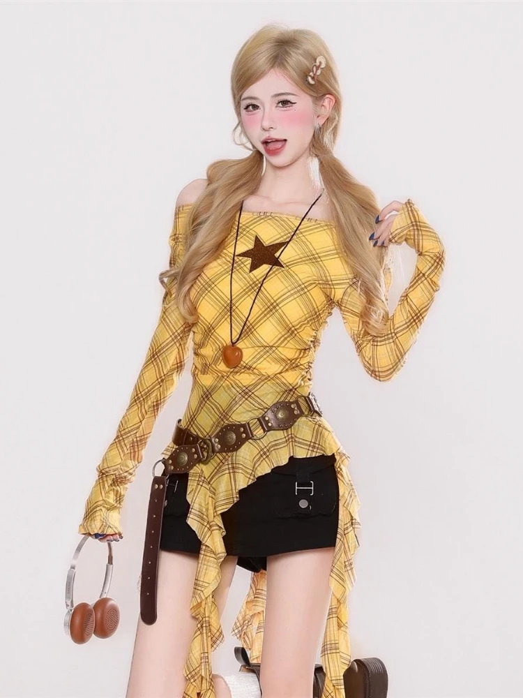 Kaos Vintage Y2K Plaid Slash N - Women'S Fashion Tops ulasan dan harga