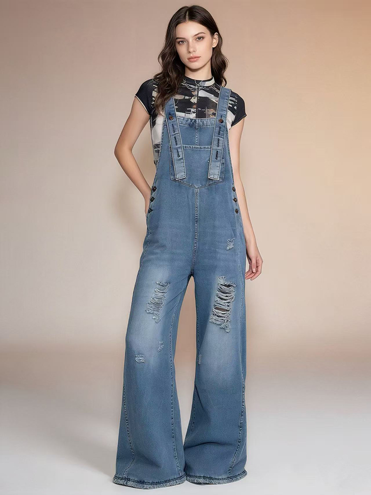 Overall Denim Retro Robek Berl - Women'S Fashion Overalls ulasan dan harga