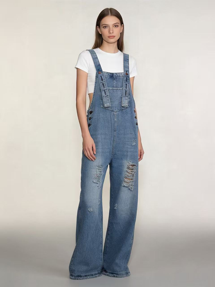 Overall Denim Retro Robek Berl - Women'S Fashion Overalls ulasan dan harga